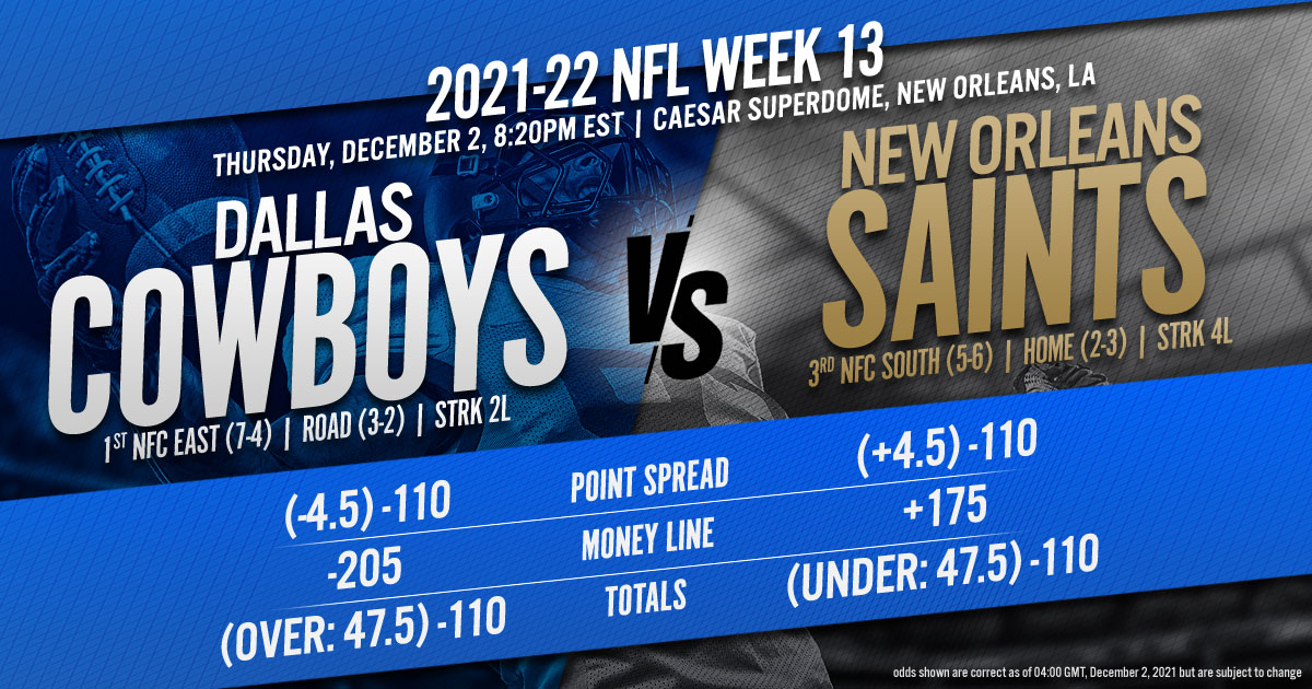2021-22 NFL Week 13: Dallas Cowboys vs. New Orleans Saints
